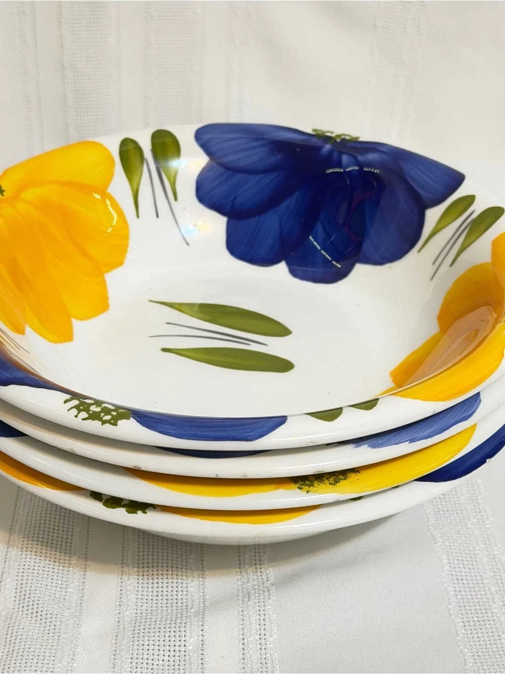 Set Of 4 Maxam LaPrimula Made In Italy Hand Painted Daisy Yellow Blue Bowls 8”